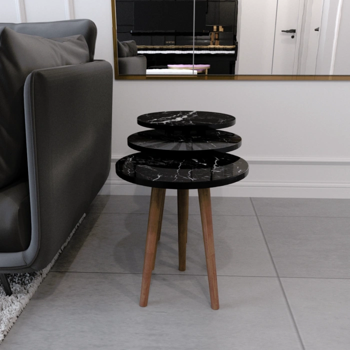 Tokyo Zigon Sehpa & Yan Sehpa 3lü Ahşap Ayaklı Yuvarlak Sehpa Siyah Mermer Desenli