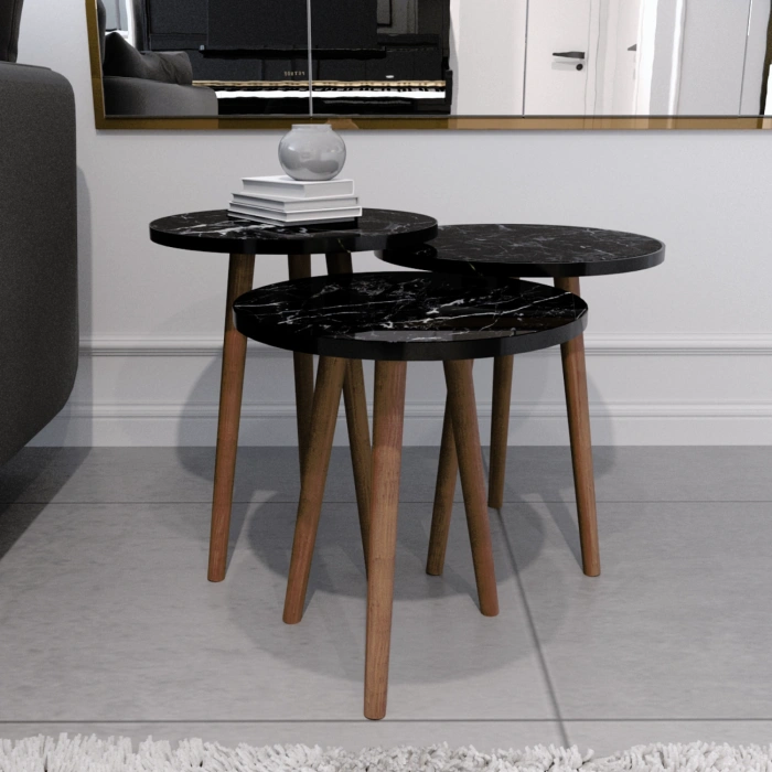 Tokyo Zigon Sehpa & Yan Sehpa 3lü Ahşap Ayaklı Yuvarlak Sehpa Siyah Mermer Desenli