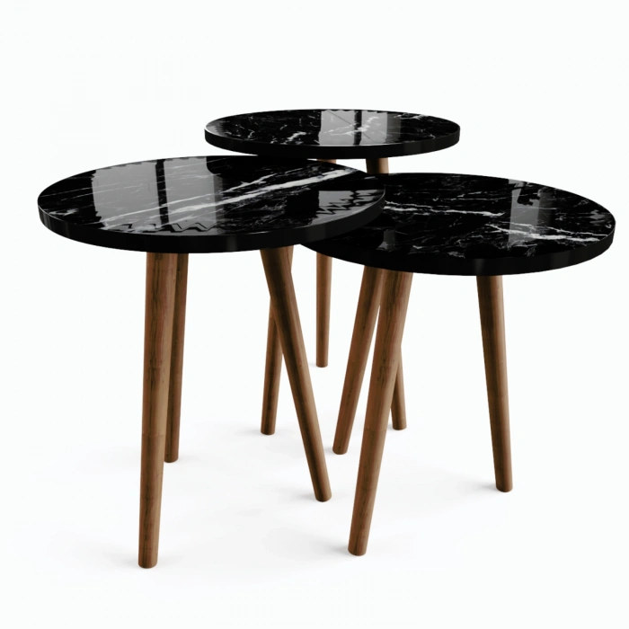 Tokyo Zigon Sehpa & Yan Sehpa 3lü Ahşap Ayaklı Yuvarlak Sehpa Siyah Mermer Desenli