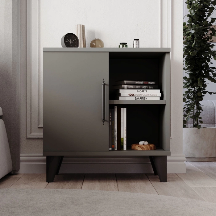 Vela Tek Kapaklı 2 Açık Bölmeli Komodin & Şifonyer Yatak Odası Başucu Düzenleyici Komidin Antrasit