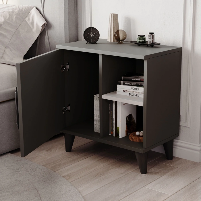 Vela Tek Kapaklı 2 Açık Bölmeli Komodin & Şifonyer Yatak Odası Başucu Düzenleyici Komidin Antrasit