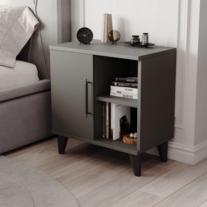 Vela Tek Kapaklı 2 Açık Bölmeli Komodin & Şifonyer Yatak Odası Başucu Düzenleyici Komidin Antrasit