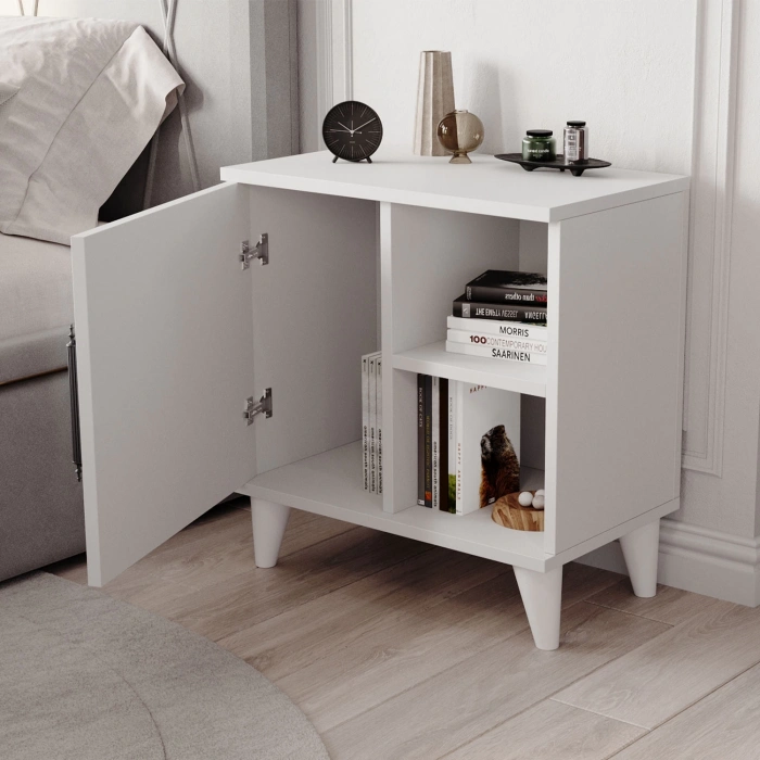 Vela Tek Kapaklı 2 Açık Bölmeli Komodin & Şifonyer Yatak Odası Başucu Düzenleyici Komidin - Beyaz