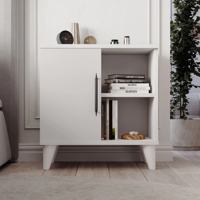 Vela Tek Kapaklı 2 Açık Bölmeli Komodin & Şifonyer Yatak Odası Başucu Düzenleyici Komidin - Beyaz