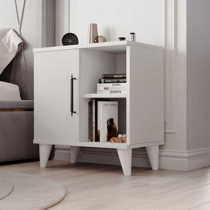 Vela Tek Kapaklı 2 Açık Bölmeli Komodin & Şifonyer Yatak Odası Başucu Düzenleyici Komidin - Beyaz