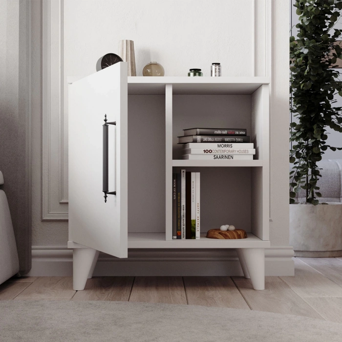 Vela Tek Kapaklı 2 Açık Bölmeli Komodin & Şifonyer Yatak Odası Başucu Düzenleyici Komidin - Beyaz