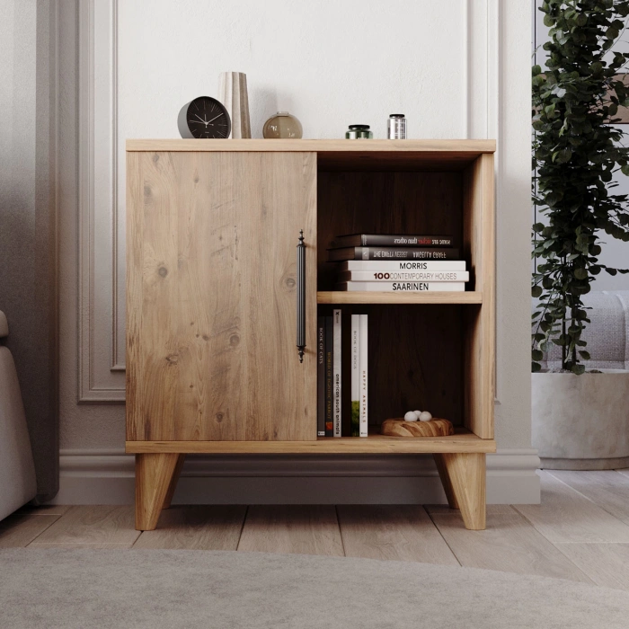 Vela Tek Kapaklı 2 Açık Bölmeli Komodin & Şifonyer Yatak Odası Başucu Düzenleyici Komidin Çam