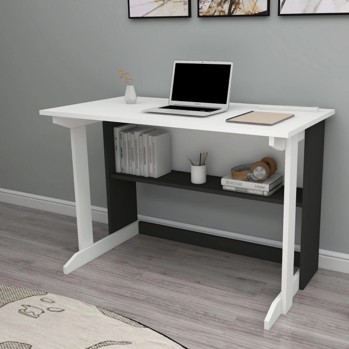 Vennüs 100x55 Cm Kütüphaneli Geniş Çalışma Masası Laptop Bilgisayar Masası Ofis Ders Masası Antrasit - Beyaz