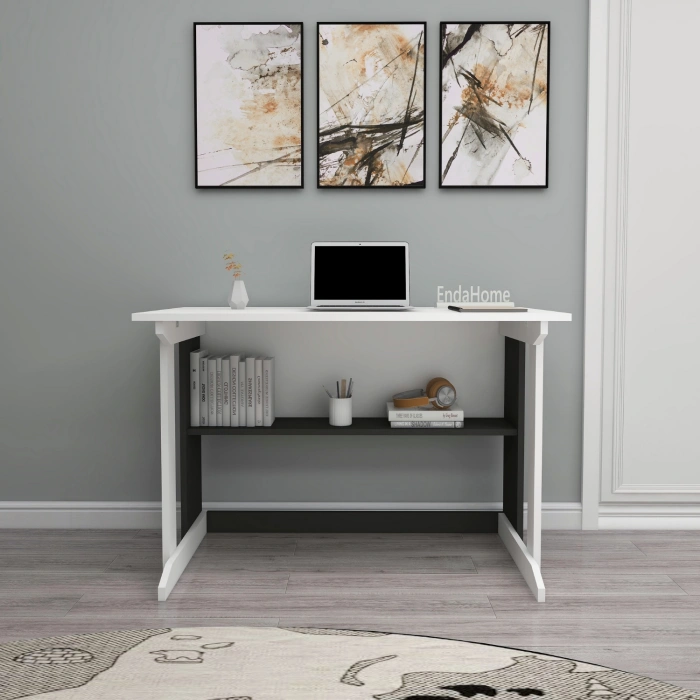Vennüs 100x55 Cm Kütüphaneli Geniş Çalışma Masası Laptop Bilgisayar Masası Ofis Ders Masası Antrasit - Beyaz