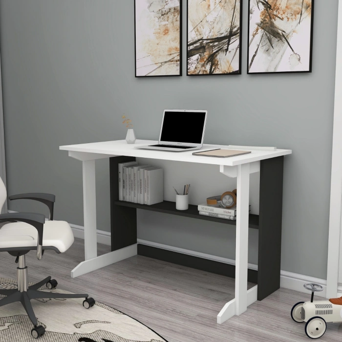 Vennüs 100x55 Cm Kütüphaneli Geniş Çalışma Masası Laptop Bilgisayar Masası Ofis Ders Masası Antrasit - Beyaz