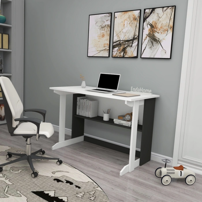 Vennüs 100x55 Cm Kütüphaneli Geniş Çalışma Masası Laptop Bilgisayar Masası Ofis Ders Masası Antrasit - Beyaz