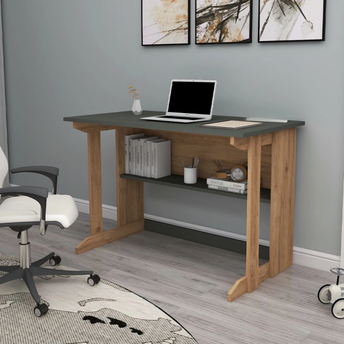 Vennüs 100x55 Cm Kütüphaneli Geniş Çalışma Masası Laptop Bilgisayar Masası Ofis Ders Masası Çam - Antrasit