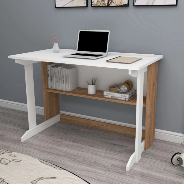 Vennüs 100x55 Cm Kütüphaneli Geniş Çalışma Masası Laptop Bilgisayar Masası Ofis Ders Masası Çam - Beyaz