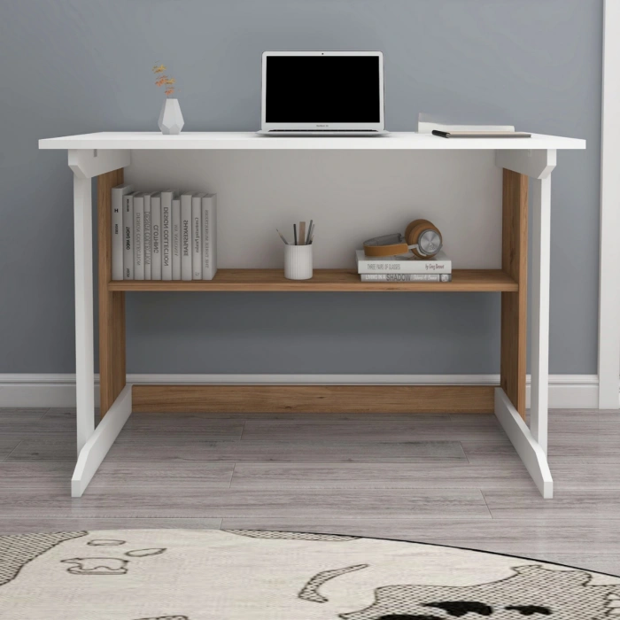 Vennüs 100x55 Cm Kütüphaneli Geniş Çalışma Masası Laptop Bilgisayar Masası Ofis Ders Masası Çam - Beyaz