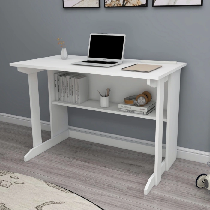 Vennüs 100x55 Cm Kütüphaneli Geniş Çalışma Masası Laptop Bilgisayar Masası Ofis Ders Masası Mat Beyaz