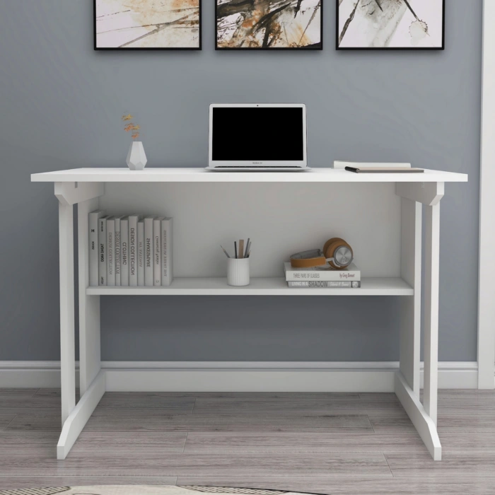 Vennüs 100x55 Cm Kütüphaneli Geniş Çalışma Masası Laptop Bilgisayar Masası Ofis Ders Masası Mat Beyaz