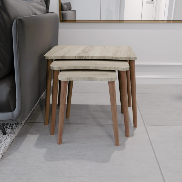 Esma Zigon Sehpa & Yan Sehpa 3lü Ahşap Ayaklı Salon Seti Sehpa - Sonomo