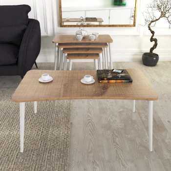 Alanur 5li Orta Sehpa Ve Zigon Sehpa Ahşap Ayaklı Çay Kahve Sehpası Xl Salon Seti – Ceviz