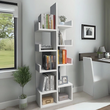 Gemini 10 Bölmeli Raflı Dekoratif Kitaplık Ofis Kitaplığı Dolap Evrak Rafı Ev Ofis Rafı - Beyaz