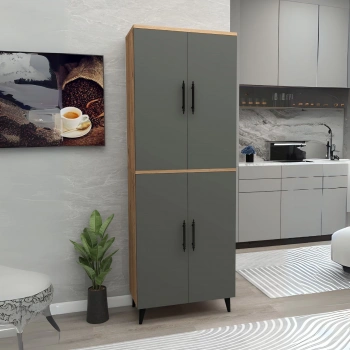 Meta 6 Raflı 4 Kapaklı Çok Amaçlı XL Dolap Mutfak Banyo Balkon Erzak Killer Dolabı Çam-Antrasit