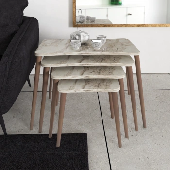 Selena 4lü Zigon Sehpa Ahşap Ayaklı Salon Seti Çay Sehpası Beyaz Mermer