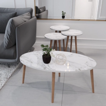 Tokyo Orta Sehpa Ve Zigon Sehpa 4lü Ahşap Ayaklı Salon Seti Sehpa Beyaz Mermer