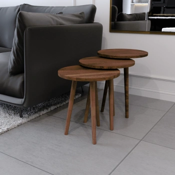 Tokyo Zigon Sehpa & Yan Sehpa 3lü Ahşap Ayaklı Yuvarlak Sehpa - Ceviz