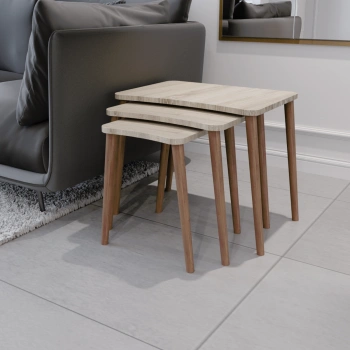 Esma Zigon Sehpa & Yan Sehpa 3lü Ahşap Ayaklı Salon Seti Sehpa - Sonomo