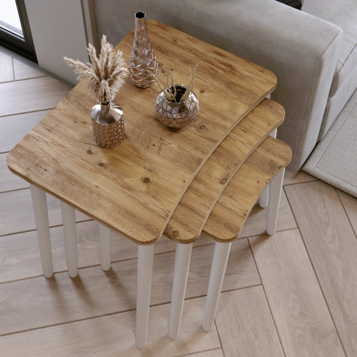 Beyza 3lü Zigon Sehpa & Yan Sehpa Beyaz Ahşap Ayaklı Salon Seti Çay Sehpası - Çam