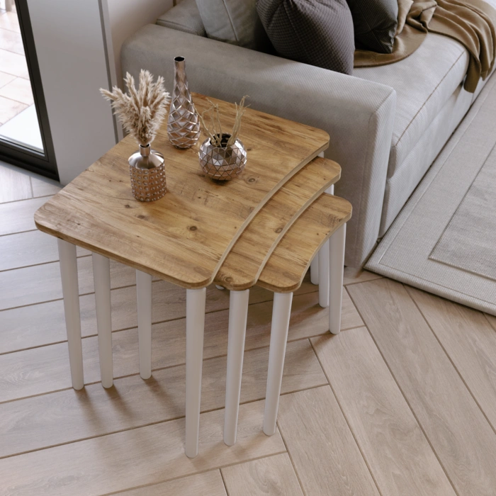 Beyza 3lü Zigon Sehpa & Yan Sehpa Beyaz Ahşap Ayaklı Salon Seti Çay Sehpası - Çam