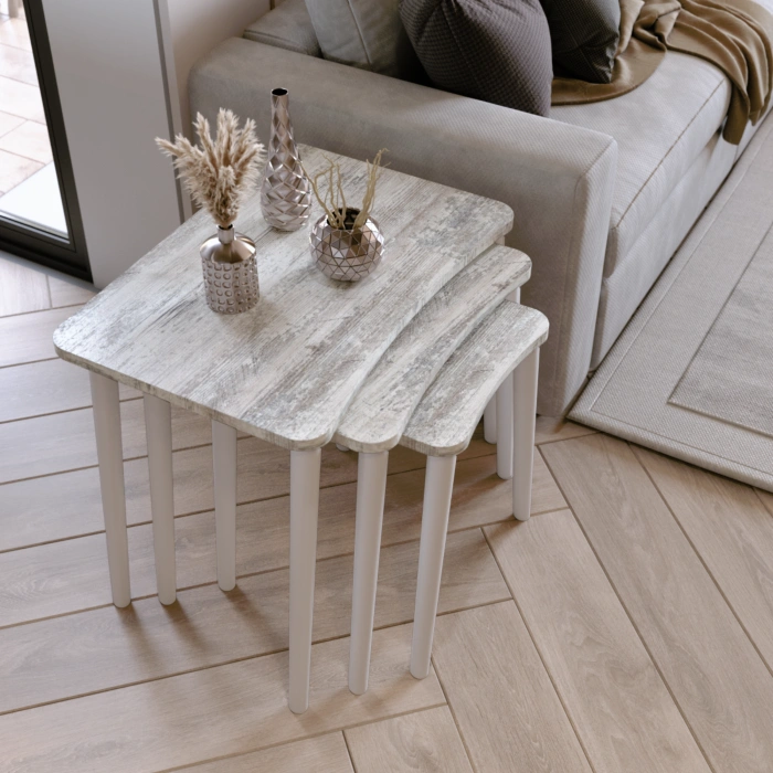 Beyza 3lü Zigon Sehpa & Yan Sehpa Beyaz Ahşap Ayaklı Salon Seti Çay Sehpası - Kristal