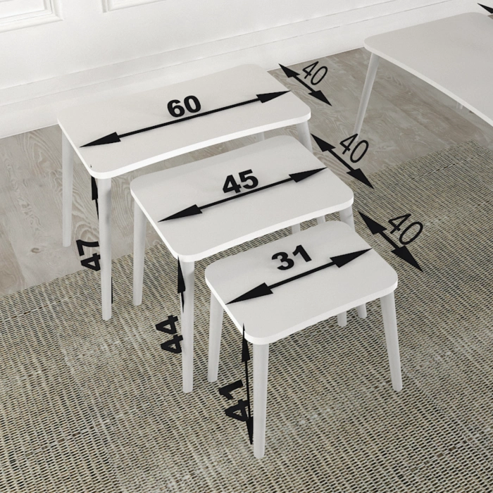 Beyza 3lü Zigon Sehpa & Yan Sehpa Beyaz Ahşap Ayaklı Salon Seti Çay Sehpası - Siyah Mermer