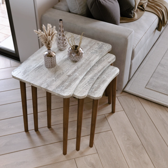 Reyhan 3lü Zigon Sehpa & Yan Sehpa Ahşap Ayaklı Salon Seti Çay Sehpası - Kristal