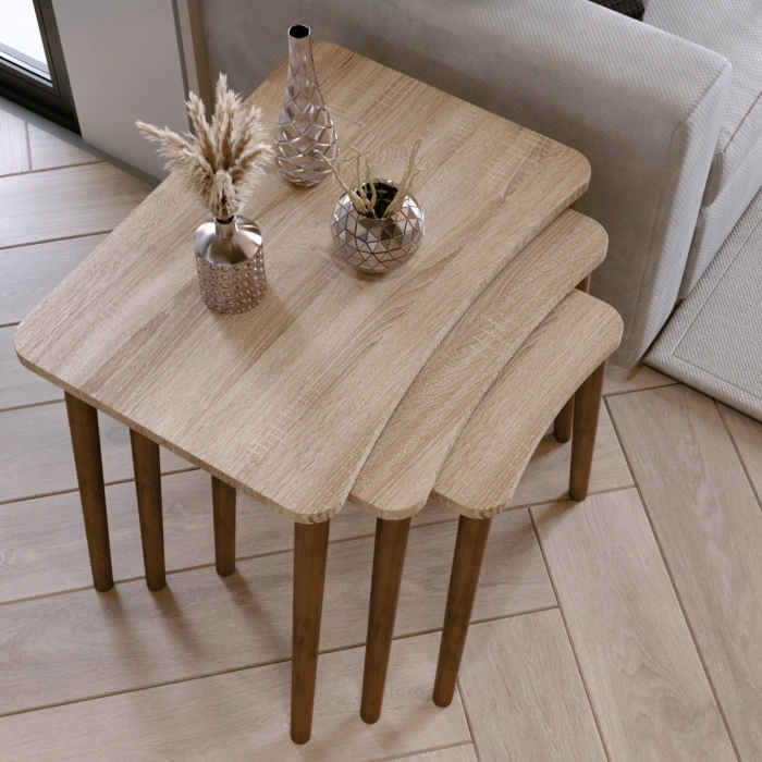 Reyhan 3lü Zigon Sehpa & Yan Sehpa Ahşap Ayaklı Salon Seti Çay Sehpası Sonomo