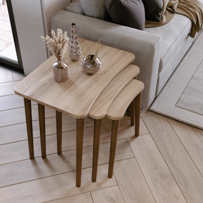 Reyhan 3lü Zigon Sehpa & Yan Sehpa Ahşap Ayaklı Salon Seti Çay Sehpası Sonomo