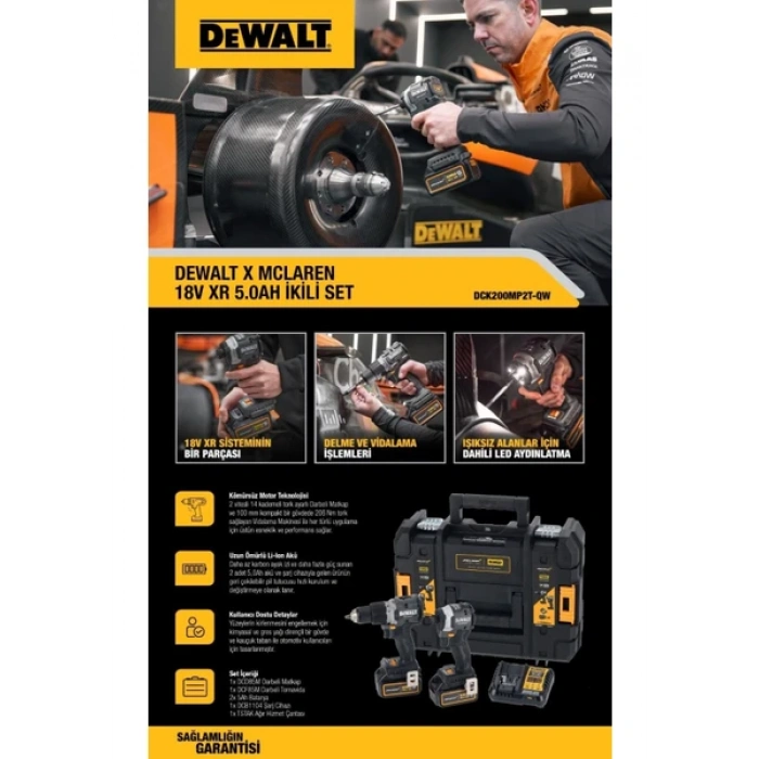 Dewalt Mclaren DCK200MP2T Kömürsüz 18V 5 Ah 2 Li Akülü Matkap Set