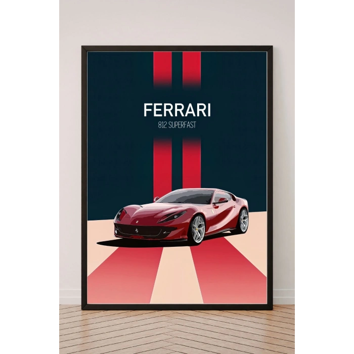 Ferrari Tekli Siyah Çerçeveli Tablo Tek Parça Araba Poster Tablo