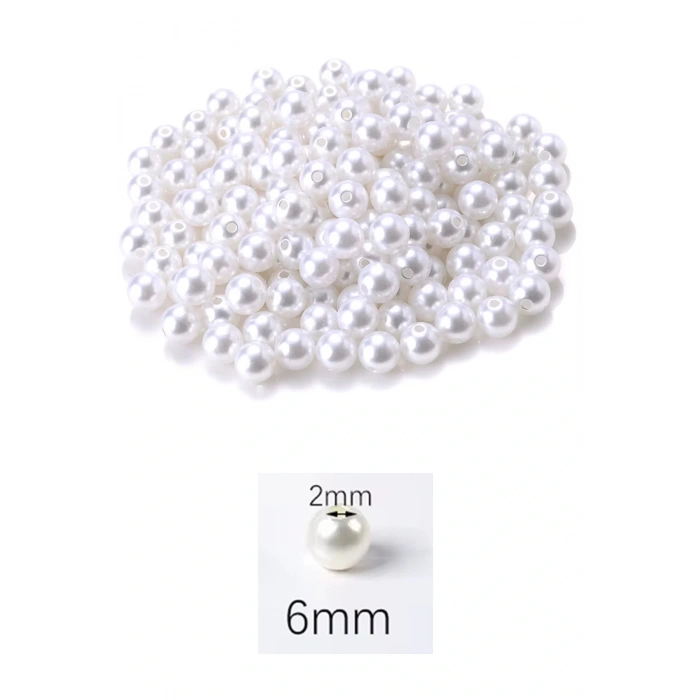 100 gram 6mm Beyaz Renk Plastik İnci Boncuk Çanta ve Takı Yapım Boncuğu (~750 adet)