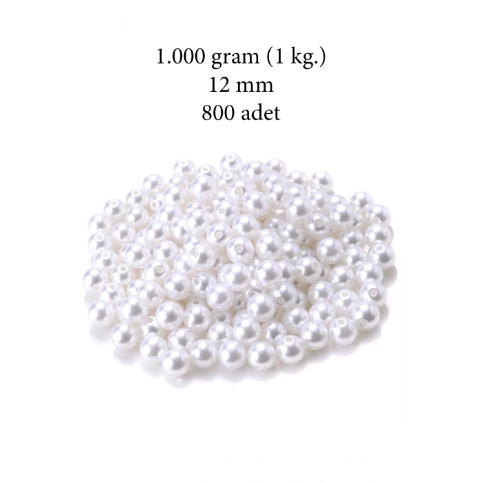 1.000 gram (1 kg.) 12mm Beyaz Renk Plastik İnci Boncuk Çanta ve Takı Yapım Boncuğu (~800 adet)