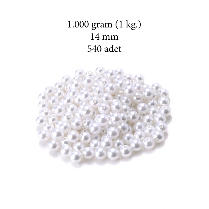 1.000 gram (1 kg.) 14mm Beyaz Renk Plastik İnci Boncuk Çanta ve Takı Yapım Boncuğu (~540 adet)