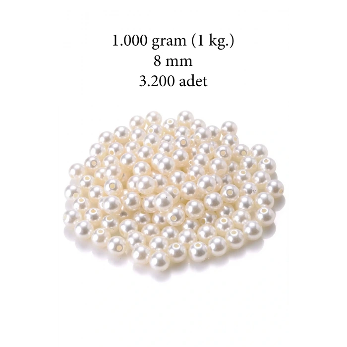 1.000 gram (1 kg.) 8mm Krem Renk Plastik İnci Boncuk Çanta ve Takı Yapım Boncuğu (~3.200 adet)