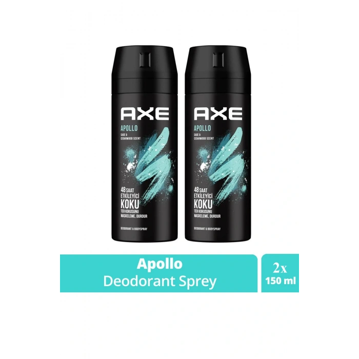 2 Adet Axe Erkek Sprey Deodorant Apollo 48 Saat Etkileyici Koku Vücut Spreyi 150 ml