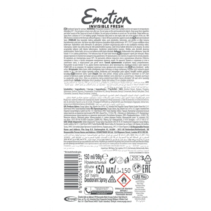 2 Adet Emotion Invisible Fresh Black & White Kadın Deodorant 150ml Vegan, Leke Bırakmaz