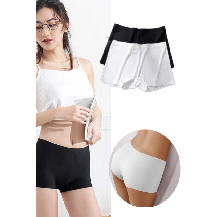 2 Adet Kadın Dikişsiz Görünmez İz Yapmaz Mini Şort Boxer Siyah Beyaz