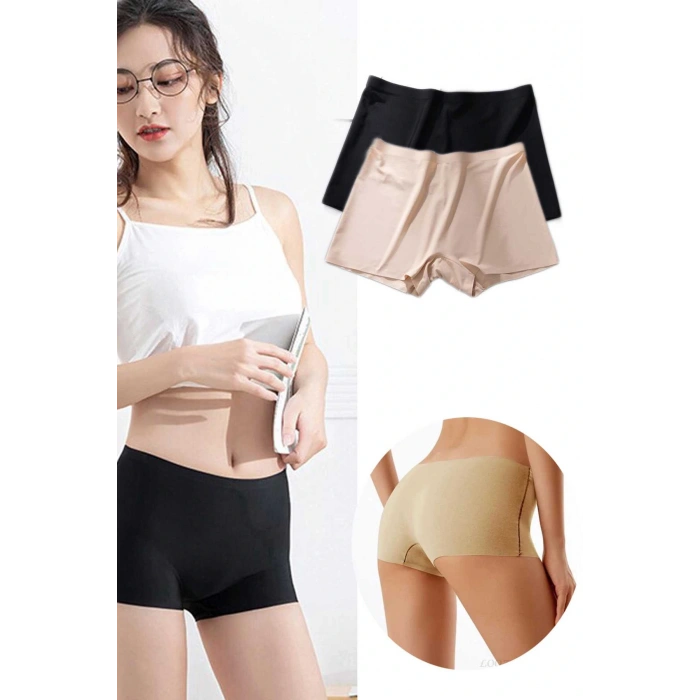 2 Adet Kadın Dikişsiz Görünmez İz Yapmaz Mini Şort Boxer Siyah Ten