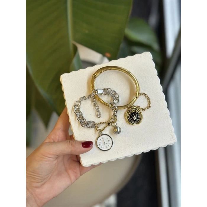 2li Zincirli Saat Bileklik - ÇOK RENKLİ