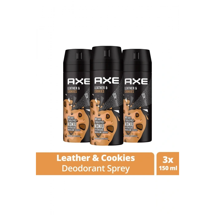 3 Adet Axe Erkek Sprey Deodorant Leather & Cookies 48 Saat Etkileyeci Koku 150 ml