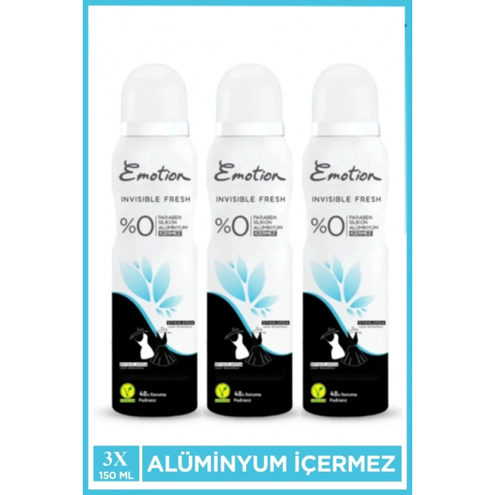3 Adet Emotion Invisible Fresh Black & White Kadın Deodorant 150ml Vegan, Leke Bırakmaz
