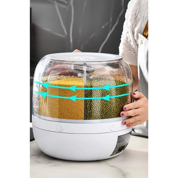 360° Dönebilen Kuru Gıda Ve Bakliyat Organizeri 6 Bölmeli Hava Geçirmez Saklama Kabı 6 Lt
