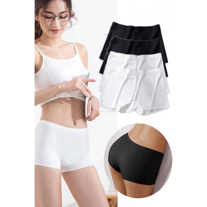 4 Adet Kadın Dikişsiz Görünmez İz Yapmaz Mini Şort Boxer Siyah Beyaz